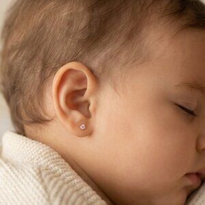 14K Yellow Gold Pink CZ Stud Earrings 2mm Screw Back for Babies Toddlers Girls